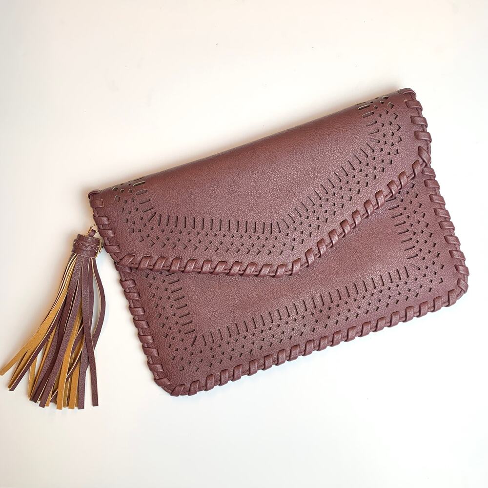 Jen & Co Vegan Leather Maroon Tassel Clutch
